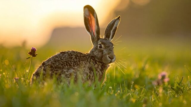 A majestic hare sits in golden-lit grass, its ears erect, with flowers in the foreground