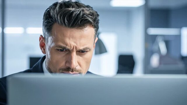 A man in a suit, with focused expression, looks at a screen. Office environment visible in background