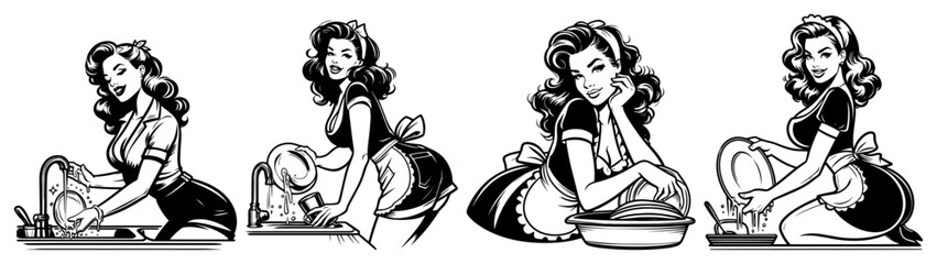 Fototapeta premium Vintage housewife washing dishes pinup woman vector set, retro lady kitchen chores domestic life illustration