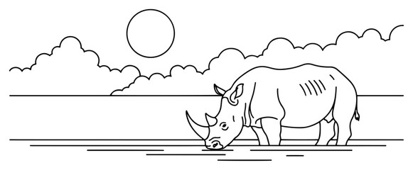 Rhino drinking water at lake landscape line art vector, rhinoceros wildlife safari isolated on white © Luka