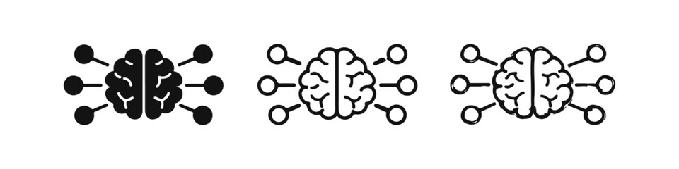 Artificial Intelligence and Neural Network Icons. Brain Connections and Learning Symbols in Solid, Outline, and Hand-drawn Styles.