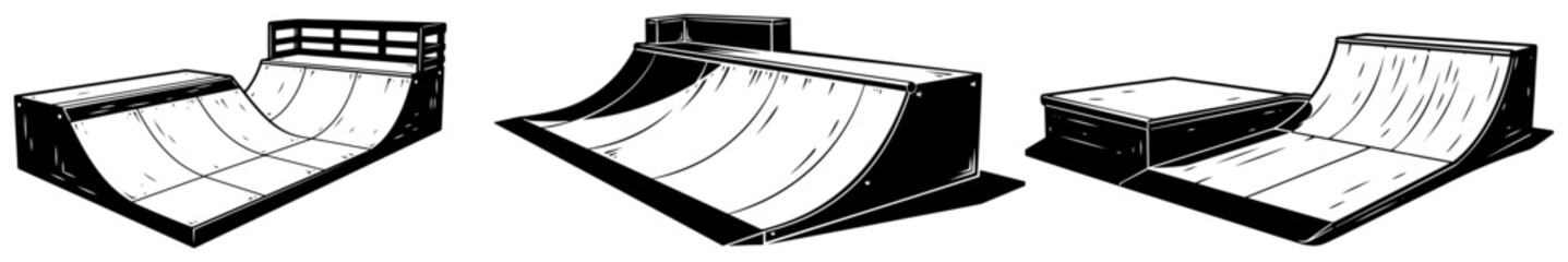 Skate park ramp set vector illustration, skateboard quarter pipe and halfpipe elements extreme sport icons © Luka