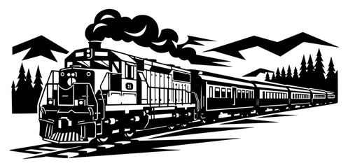 Vintage steam train locomotive in mountain landscape vector, retro railway transport smoke and pine trees © Luka