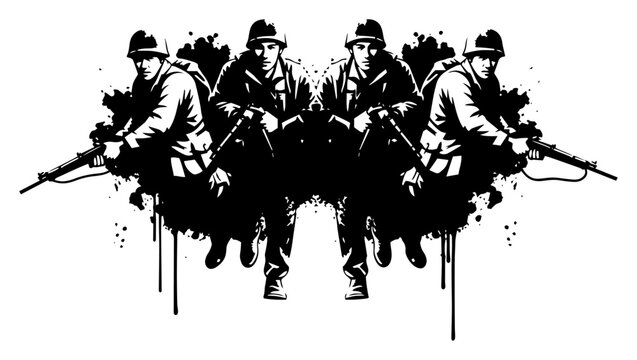 Military soldiers with rifles symmetrical vector set, infantry troops combat mission soldier silhouettes