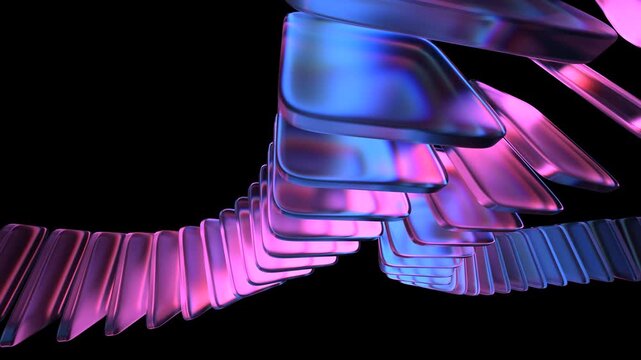 4k looping video, rotating colorful glass shapes on a black background, abstract geometric animation, 3d render