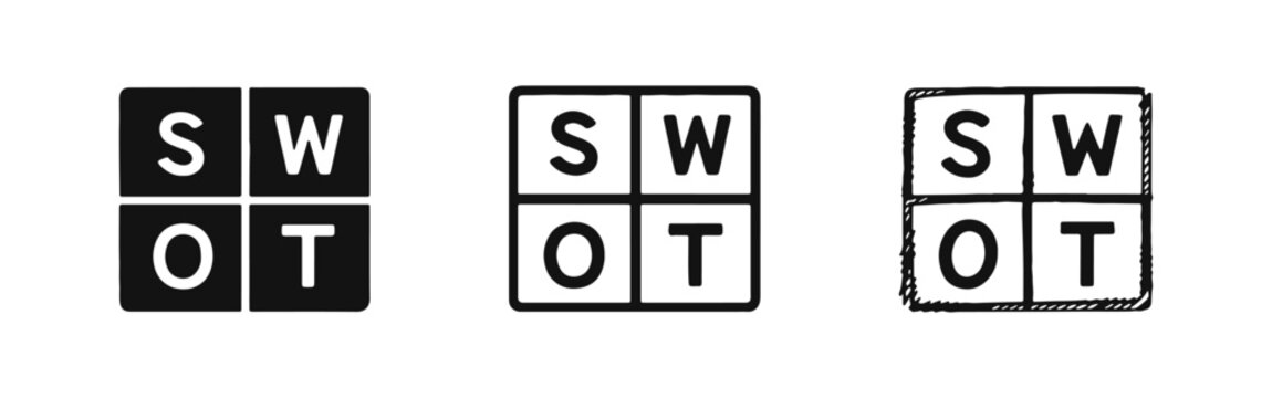 SWOT analysis icon set. Business strategy matrix with strengths, weaknesses, opportunities, and threats.