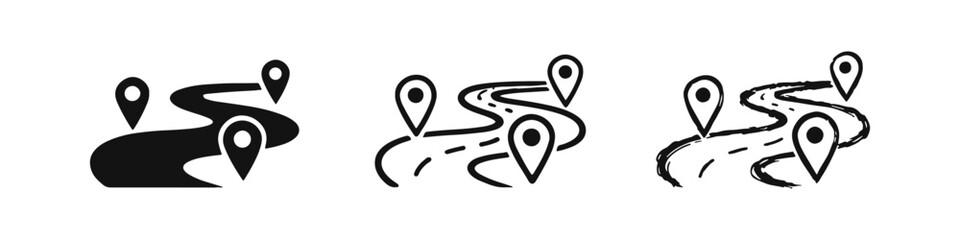Winding road with map pins icon set. Navigation, journey, route, travel, and location concept.