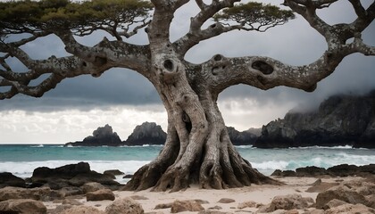 Fototapeta premium Ancient Gnarled Tree on Coastal Rocks Under Moody Dramatic Sky, Inspiring Resilience and Longevity