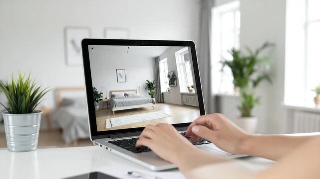 A person uses a laptop to view a bedroom interior. Hands type on the keyboard, showcasing virtual decor