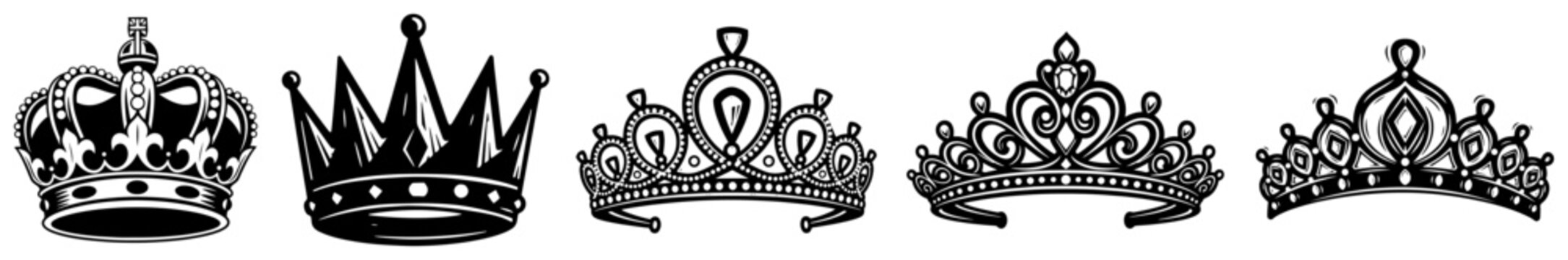 Royal crowns and tiaras vector set, ornate queen diadem and king crown collection for jewelry design