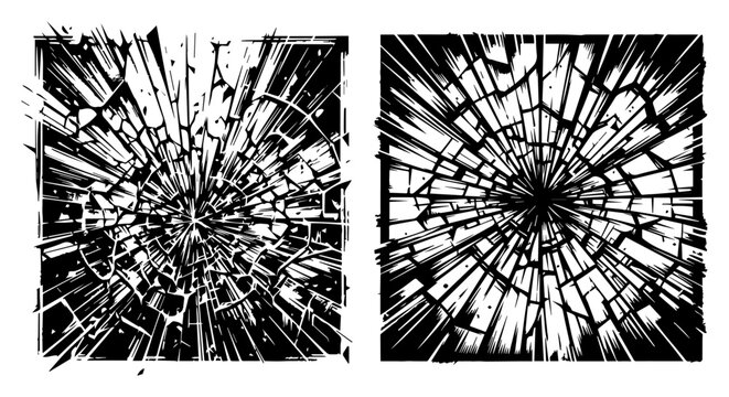 Shattered broken glass texture vector set, cracked mirror window shards effect destructive illustration