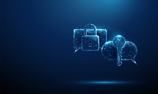 3d two speech bubbles with padlock and key Secure communication, encrypted messaging, access authentication, private conversation channel, password exchange assistance concept