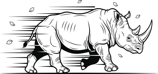 Black and white of a rhino running to the right with motion lines and leaves animal © MdSar