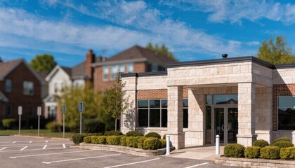 Naklejka premium Suburban credit union entrance highlighted in medium shot with clear directional signage ample handicapped parking spaces and manicured shrubs the surrounding neighborhood faded