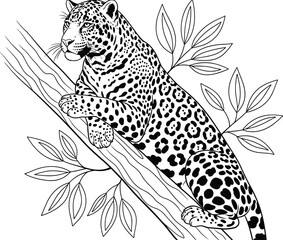Black and white of a leopard resting on a tree branch with leaves animal