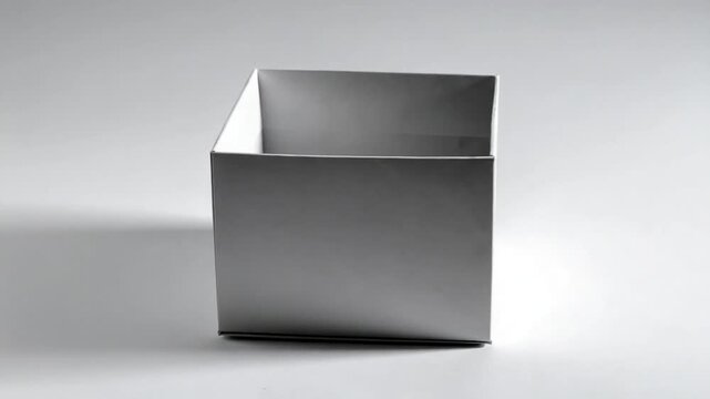 A plain white, open cube on a light surface, casting a subtle shadow. The cube is empty and pristine