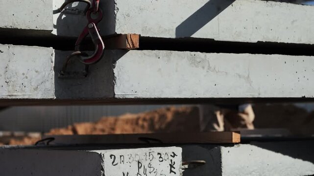 Stacked precast concrete slabs stored at construction site