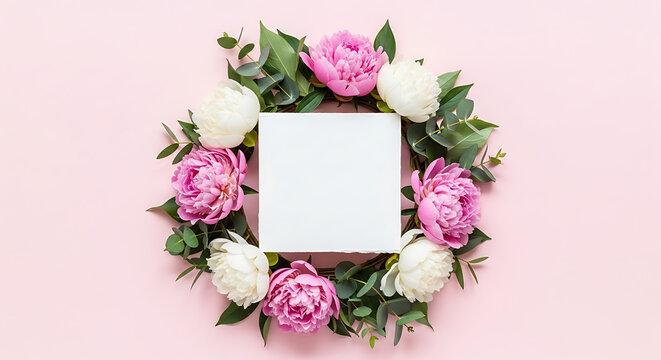 A beautiful arrangement of pink and white flowers surrounding a blank white card