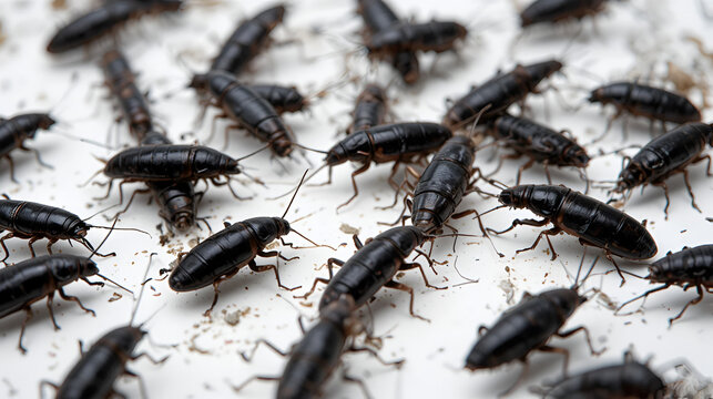 Black cockroaches crawling on white background in chaos motion