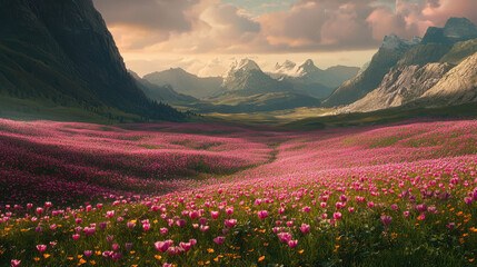 Obraz premium A breathtaking landscape featu a vibrant field of pink and orange flowers led between towe mountains under a pastel colored sky at golden hour.