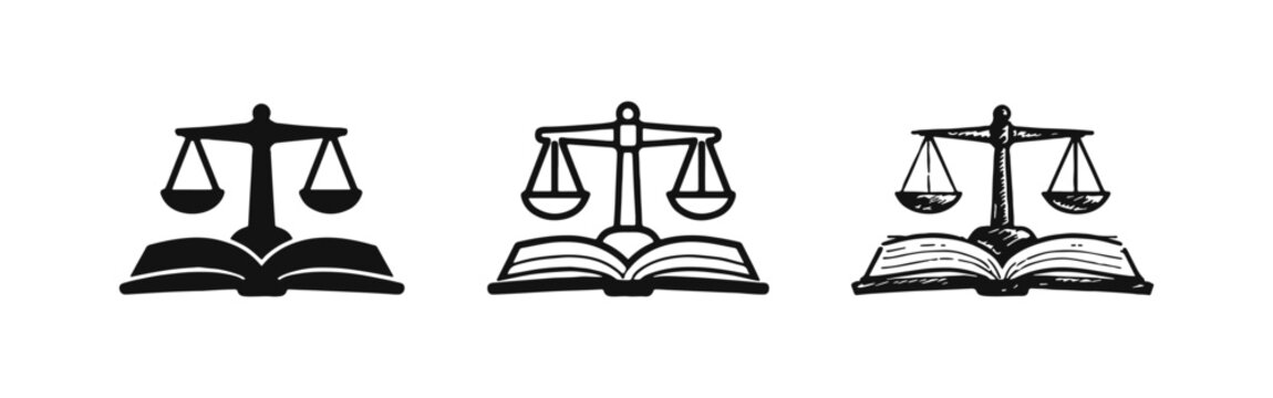 Law and Justice Education Icon Set: Scales of Justice on Open Book Symbol