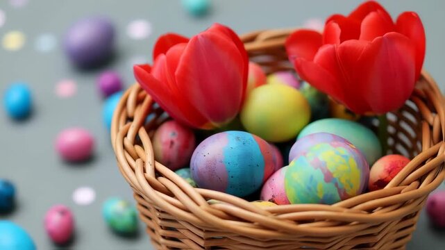 basket of easter eggs, light background