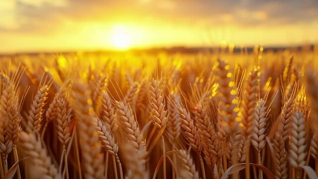 Ripe grain crops under dramatic sunset sky for agriculture and landscape content