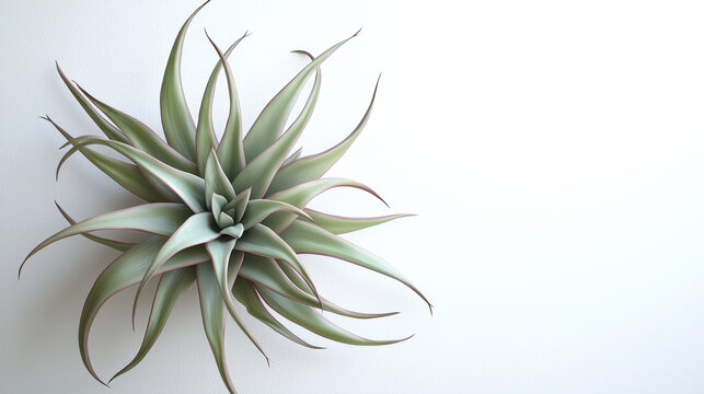 A captivating air plant with slender, curving leaves in soft green and purple tones is displayed against a clean, bright white background, showcasing its beauty.