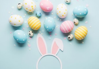 Fototapeta premium Colorful easter eggs and bunny ears on a pastel blue background for easter