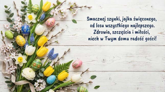 Wieniec kwiat&oacute;w, bazi i bukszpanu z ułożonymi na wieńcu pisankami