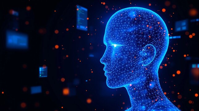 Digital Humanoid Head Wireframe Render with Abstract Glowing Particles and Data Streams on Dark Background