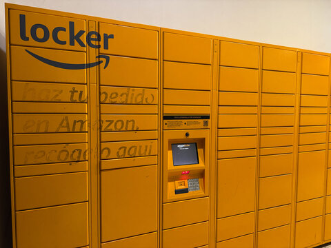 Barcelona, Spain, March 5, 2026: Amazon locker allows self-service pickup of online orders in Barcelona, Spain