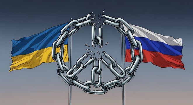 A powerful image symbolizing the hope for peace between Ukraine and Russia, featuring their flags and a broken chain peace sign.