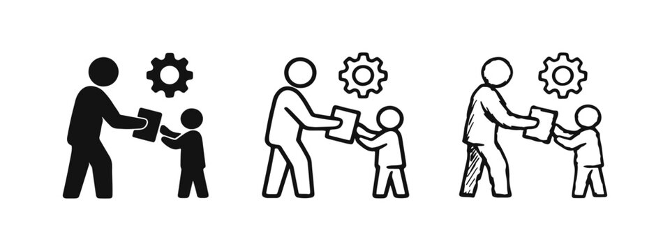 Education and knowledge transfer icon set. A person giving a document to another with a gear symbol, in solid, outline, and doodle style.