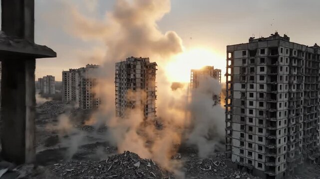 Deteriorating buildings amidst a smoky landscape, illuminated by a dramatic sunset backdrop