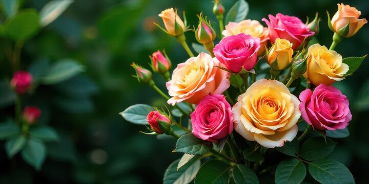 A vibrant bouquet of pink and yellow roses, freshly bloomed and arranged in a lush green garden setting, showing delicate petals and stems