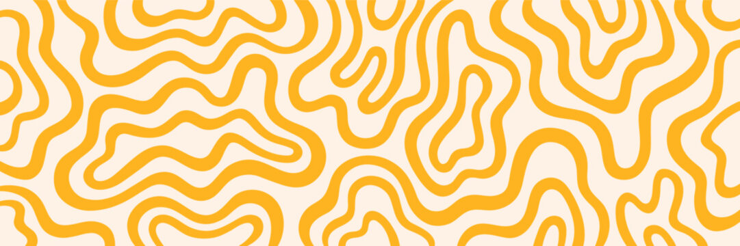 Modern abstract 1:3 spring summer background. Twisted hand drawn bold lines fluid curved wiggling wavy stripes shapes. Funky maze ornament groovy hippie pattern banner. Doodle uneven wavy organic line