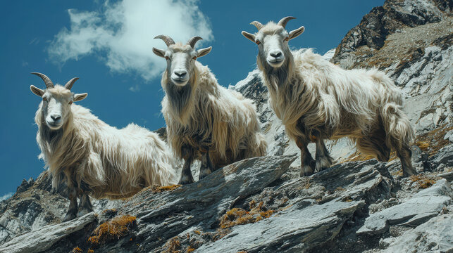 Three majestic mountain goats with long white fur stand proudly on a rocky slope against a clear blue sky with scattered clouds in the mountainous terrain.