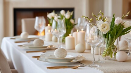 Easter table decoration eggs porcelain plates candle dinner celebration concept. Festive dining table with eggs flowers glassware representing holiday meal and celebration