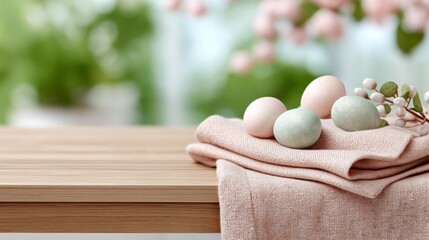 Easter eggs spring decoration willow branch table background seasonal concept. Colored eggs on linen cloth with ceramic bowl and willow branches on wooden table. Easter decoration eggs spring branch 