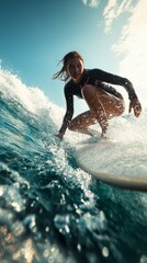 Surfing sport ocean wave water action adventure athlete. Woman surfer riding ocean wave surfboard water spray sport extreme activity sea. Surfing sport wave ocean surfboard athlete water sea adventure