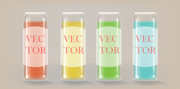 Four plastic cans. Cylindrical plastic containers with juice. 3D vector mockup