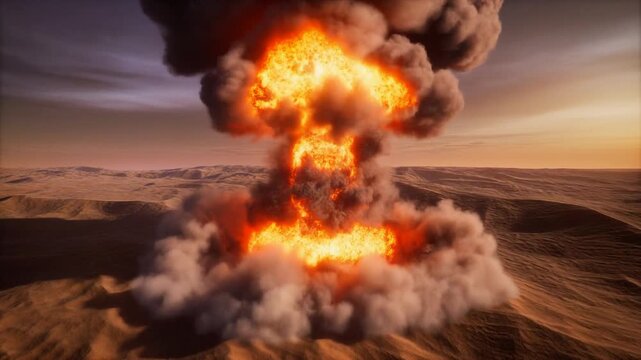 Desert nuclear explosion at sunset