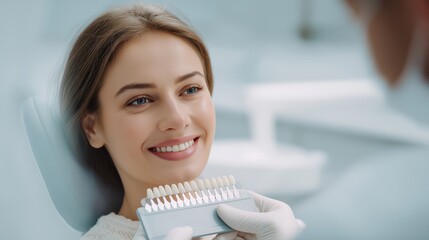 Dentistry teeth whitening shade guide consultation dental clinic healthcare. Dentist showing tooth color shade guide to patient during cosmetic dentistry consultation treatment planning. Dentistry