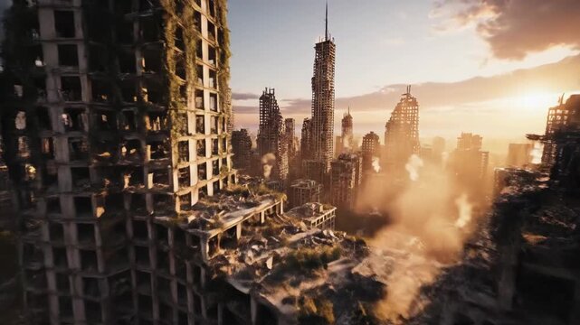 A stunning view of a dystopian cityscape showcasing crumbled skyscrapers under a moody sky