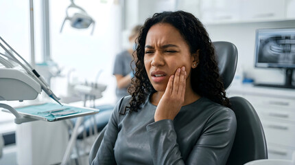 Woman in Dentist Chair Experiencing Pain, Holding Cheek in Discomfort