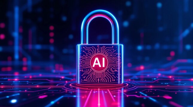 Digital padlock with AI symbol representing artificial intelligence and cybersecurity protection for data