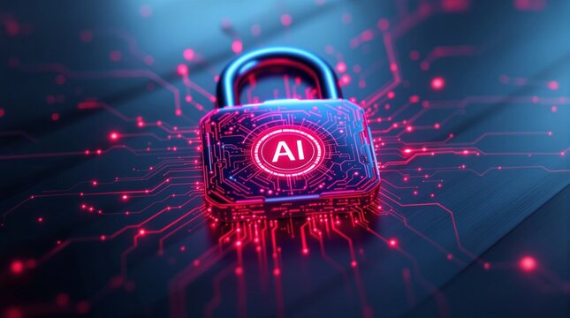 AI-powered digital padlock symbolizing advanced cybersecurity and data protection within a futuristic network