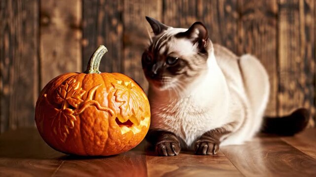 A curious cat sniffs a carved pumpkin on a wooden floor indoors.