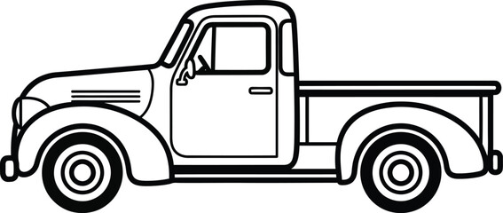 Fototapeta premium Outlined Vintage Pickup Truck in Side Profile Black and White Illustration.